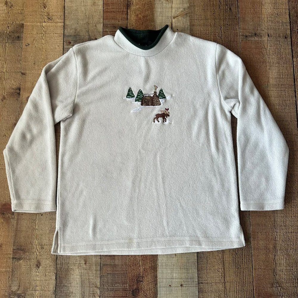 C&B Sport Beige Fleece Pullover Cabin & Moose Embroidery Long Sleeve Winter Top